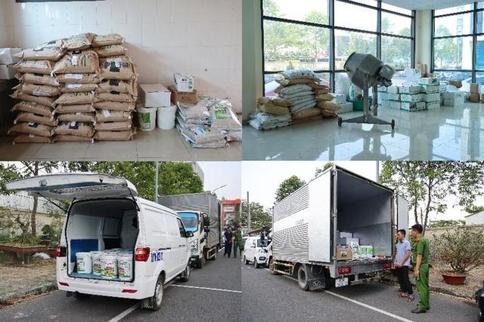 Một số sản phẩm phân bón giả và phương tiện vận chuyển đi tiêu thụ bị lực lượng chức năng bắt giữ. Ảnh: Công an TP Cần Thơ.