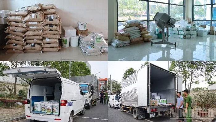 Một số sản phẩm phân bón giả và phương tiện vận chuyển đi tiêu thụ bị Công an thành phố Cần Thơ bắt giữ.