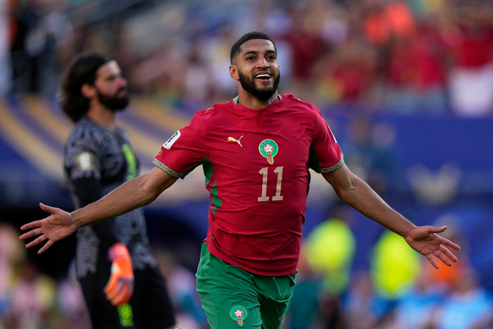 Ismael Saibari ăn mừng bàn thắng đưa Morocco vươn lên dẫn trước Brazil. Ảnh: AP 