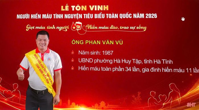 Với 34 lần hiến máu, anh Phan Văn Vũ là cá nhân duy nhất của Hà Tĩnh được tôn vinh người hiến máu tiêu biểu toàn quốc năm 2026.