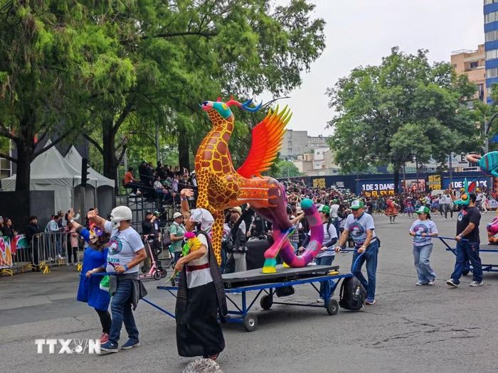 Các mô hình Alebrijes được trưng bày và diễu hành nhằm quảng bá nghệ thuật dân gian Mexico tới du khách quốc tế. (Ảnh: Phương Lan/TTXVN)