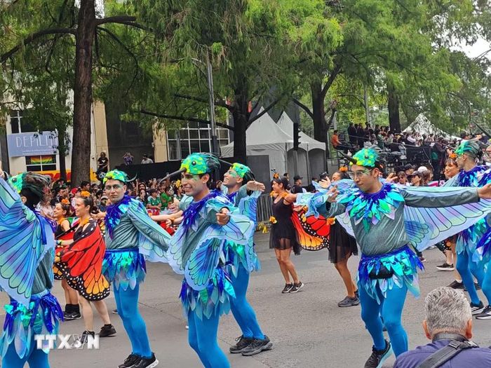 Đoàn nghệ sỹ hóa trang trong trang phục rực rỡ sắc màu thu hút sự chú ý của người dân và du khách. (Ảnh: Phương Lan/TTXVN)