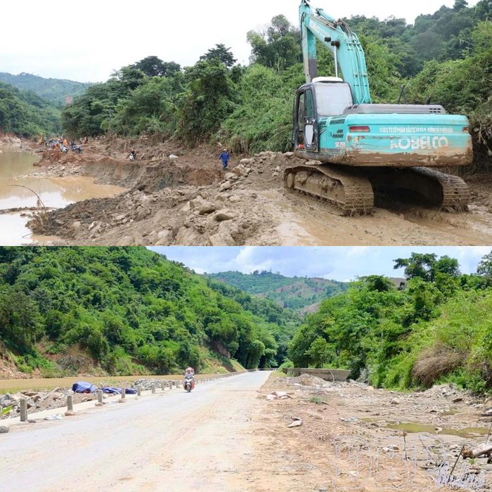 Quốc lộ 12 đoạn qua bản Pá Vạt 1, xã Mường Luân: Từ vị trí bị lũ cuốn trôi, hư hỏng nặng (ảnh trên), đến nay đã được khắc phục, sửa chữa hoàn thiện, bảo đảm giao thông thông suốt (ảnh dưới).