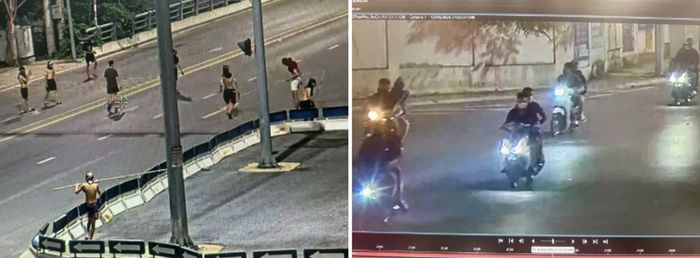 Camera giám sát an ninh ghi lại hình ảnh các thanh, thiếu niên tụ tập trên đường phố để đánh nhau.