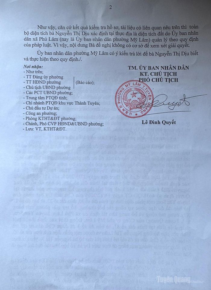 Văn bản trả lời của UBND phường Mỹ Lâm.