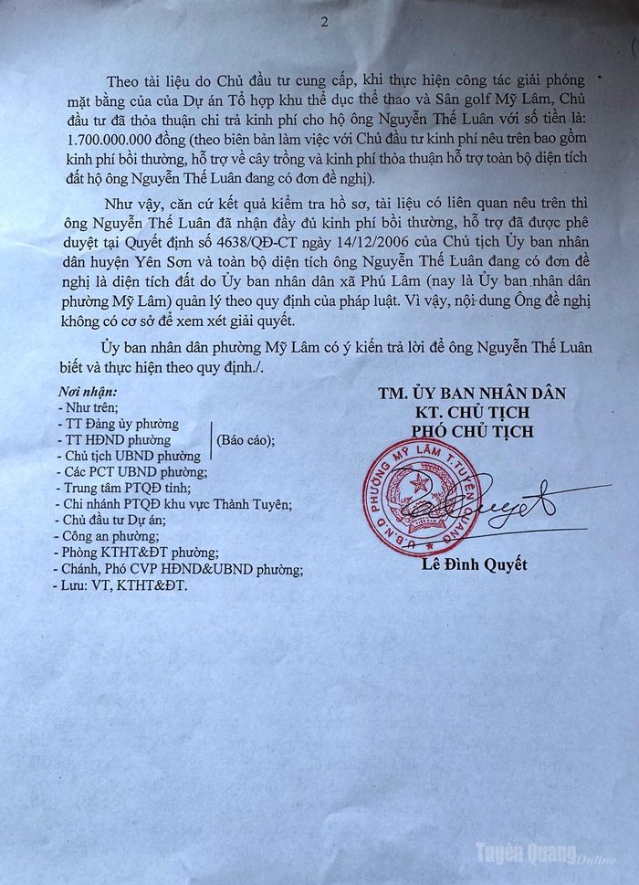 Văn bản trả lời của UBND phường Mỹ Lâm.