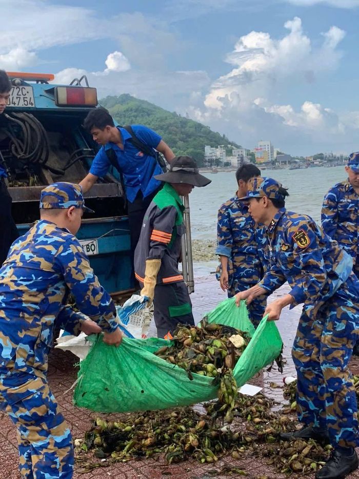 Cán bộ, chiến sĩ Trung đoàn 251 Vùng 2 Hải quân cùng người dân phường Vũng Tàu, TP.HCM, ra quân dọn rác thải tại khu vực bãi biển.