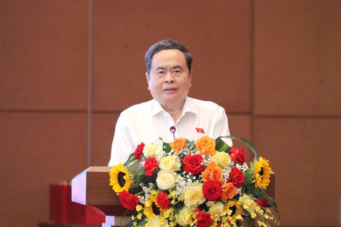 Chủ tịch Quốc hội Trần Thanh Mẫn phát biểu tại cuộc gặp mặt. Ảnh: Hồ Long