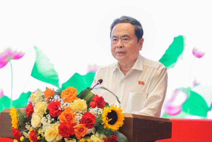 Chủ tịch Quốc hội Trần Thanh Mẫn phát biểu tại cuộc gặp mặt. Ảnh: Hồ Long