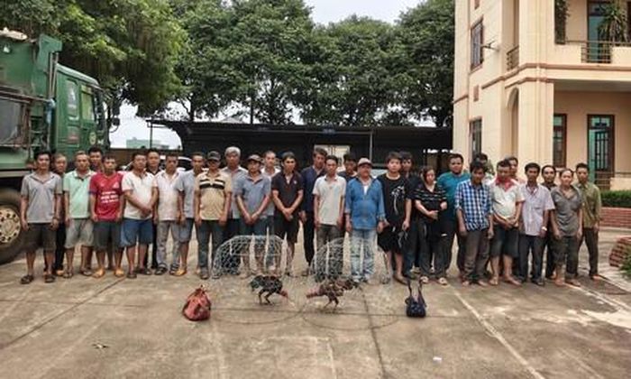 31 đối tượng bị bắt giữ cùng tang vật. Ảnh Đức Huy.