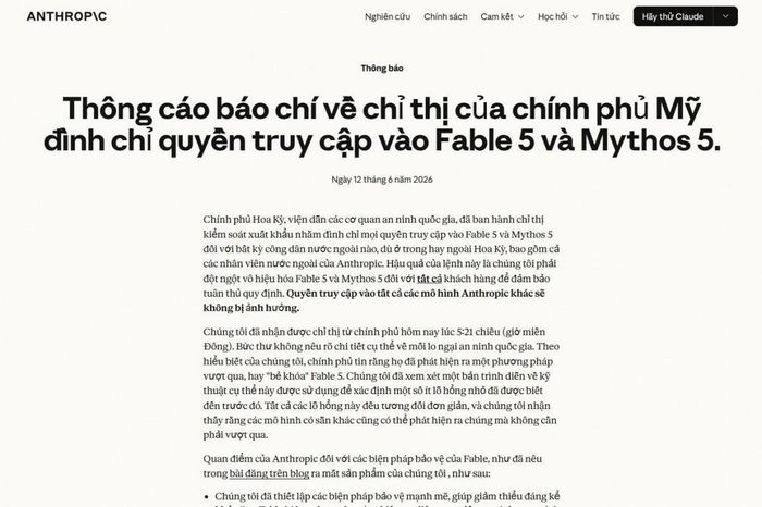 Thông cáo báo chí của Anthropic về Fable 5 và Mythos 5