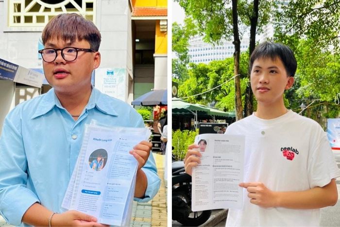 Hai sinh viên năm 3: Khuất Long Việt và Trương Xuân Hòa mang nhiều CV đến Tuần lễ Việc làm. Ảnh: ĐT