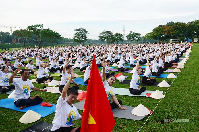 Hơn 1.500 người tham gia đồng diễn Yoga tại Công viên Yên Sở sáng 14/6.