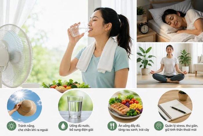 Một số giải pháp như bổ sung nước, nghỉ ngơi, tập hít thở sâu giúp giảm áp lực do nắng nóng và hạn chế tình trạng cáu gắt, stress. Ảnh AI minh họa.