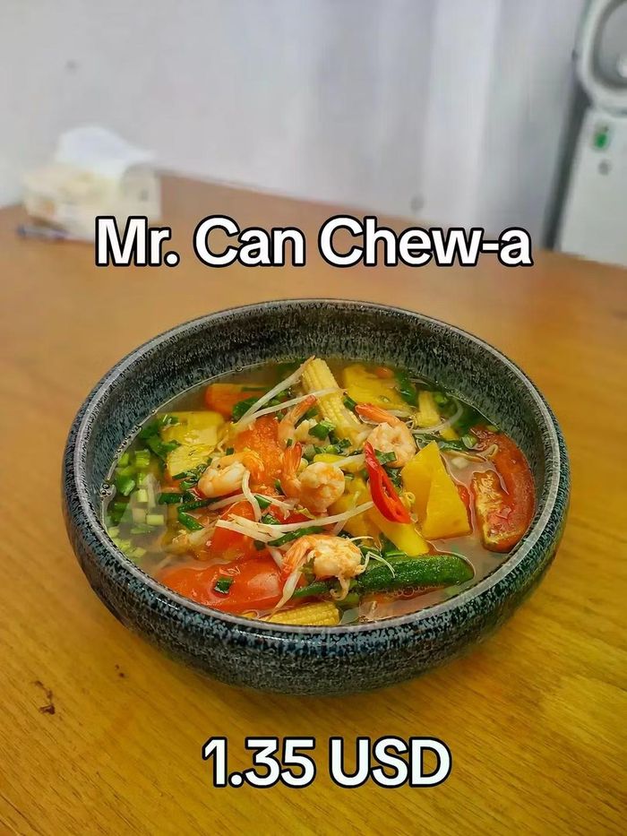 Khó hơn một chút, món "canh chua" = "Can Chew-a".