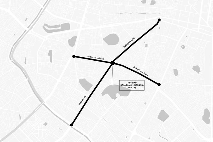  Khu vực nút giao Đê La Thành - Giảng Võ - Láng Hạ nằm tại trung tâm Hà Nội. Ảnh: Google Maps - Đồ họa: Việt Linh.