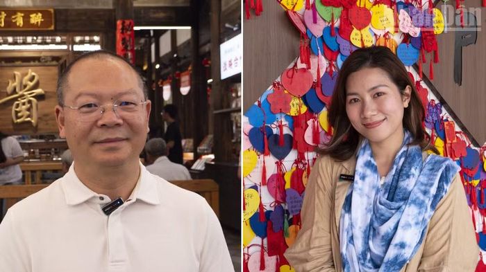 Ông Nghiêm Phát Huy (trái) nhà sáng lập thương hiệu Túy Hữu Tài của ẩm thực Sa Huyện và bạn Phan Thị Phương (phải) lưu học sinh Việt Nam đến từ Đại học Ngoại ngữ Thượng Hải.