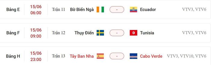 Lịch thi đấu World Cup 2026 ngày 15-6.