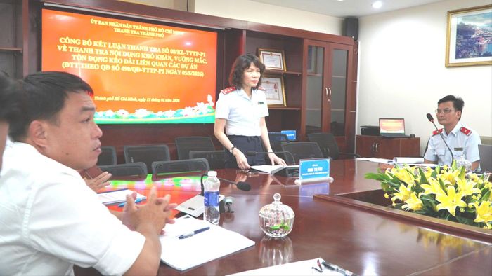 Phó chánh Thanh tra TPHCM Đinh Thị Thu phát biểu công bố kết luận thanh tra các dự án tồn đọng. Ảnh: TH