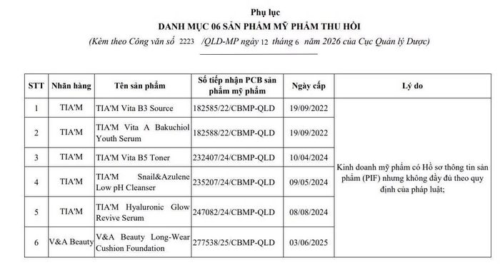 Danh sách 6 sản phẩm vi phạm. Ảnh chụp màn hình