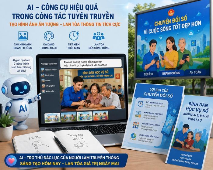 Trong công tác tuyên truyền, AI giúp tạo ra các hình ảnh minh họa bài báo, pa nô hay tờ rơi, infographic bắt mắt, góp phần lan tỏa thông tin tích cực đến cộng đồng. Đồ họa: Thái Bình