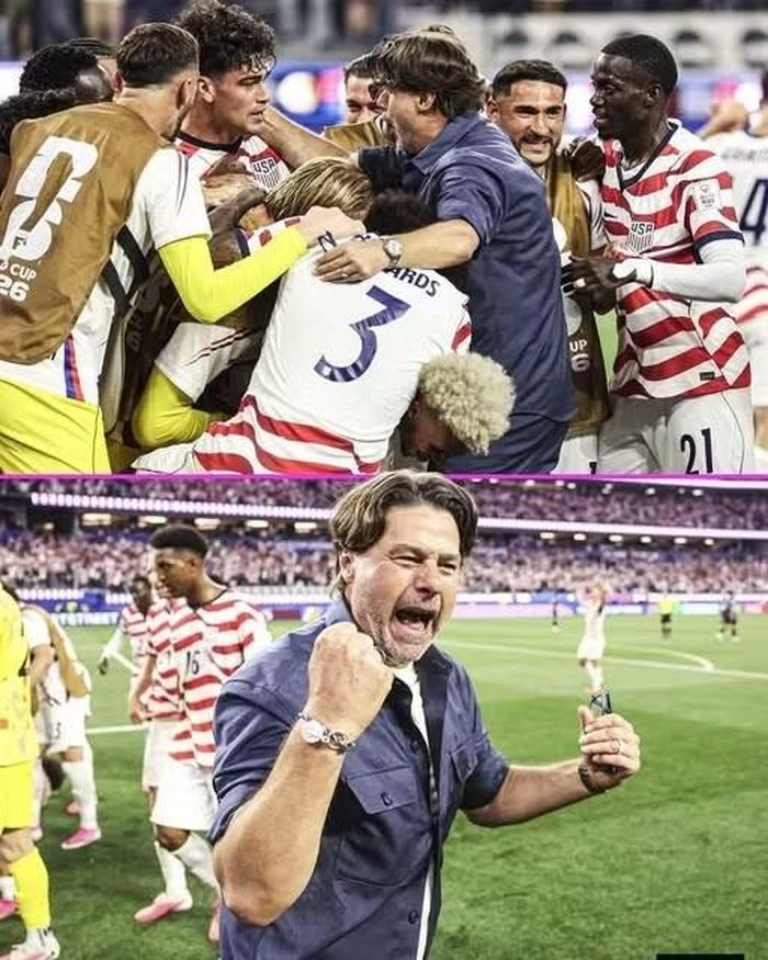 HLV Pochettino ăn mừng cùng các học trò sau khi đội tuyển Mỹ thắng đậm Paraguay tới 4-1 trong trận ra quân tại World Cup 2026.