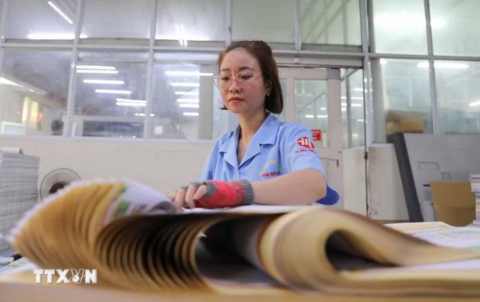 Hoạt động tại Nhà xuất bản Giáo dục Việt Nam. (Ảnh: Thanh Tùng/TTXVN)