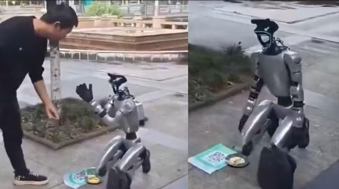 Robot hình người đi xin quyên góp trên đường phố làm dấy lên cuộc tranh luận mới về trí tuệ nhân tạo. Ảnh: MoneyControl.