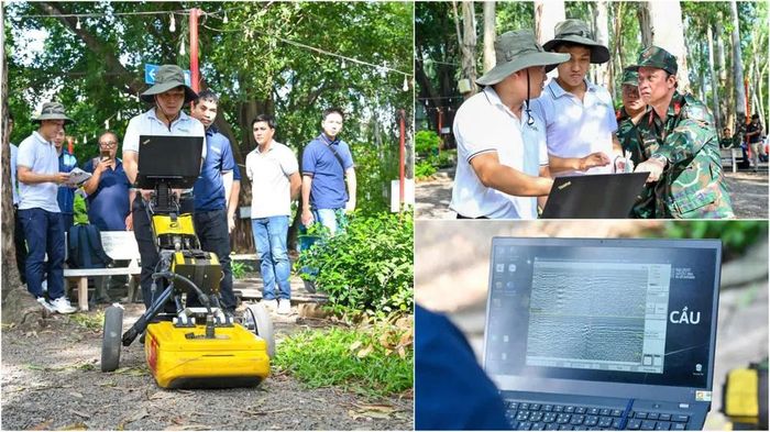 Nhóm chuyên gia sử dụng máy radar xuyên đất để phát hiện các dị thường dưới lòng đất. Ảnh: MẠNH THẮNG