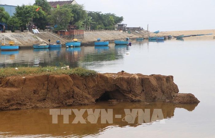 Những khối đất lớn liên tục bị cuốn trôi xuống lòng sông. Ảnh: Đinh Hương - TTXVN