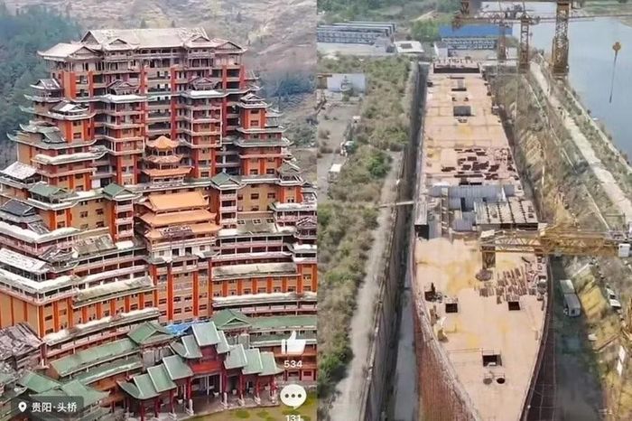 (Từ trái sang phải) Dự án Thủy Ti Môn đầy tham vọng tại huyện Độc Sơn và bản sao tàu Titanic kích thước thật chưa được hoàn thiện tại huyện Đại Anh