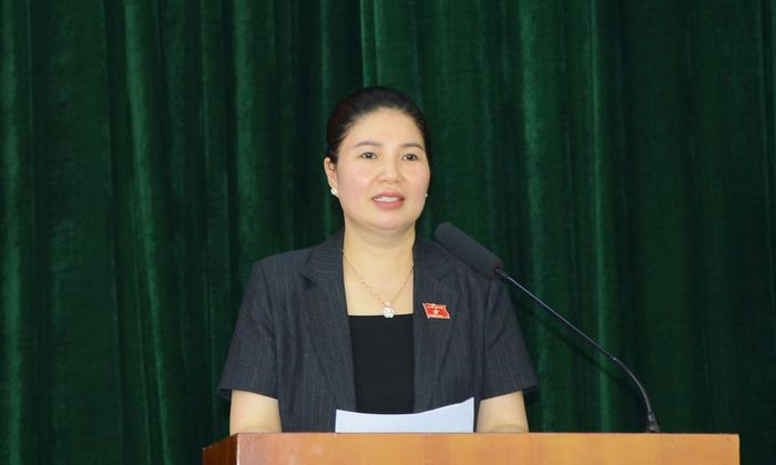  Đồng chí Trần Thị Vân phát biểu tại buổi tiếp xúc cử tri xã Yên Trung. 