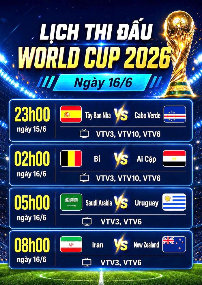 Lịch thi đấu World Cup ngày 16/6.