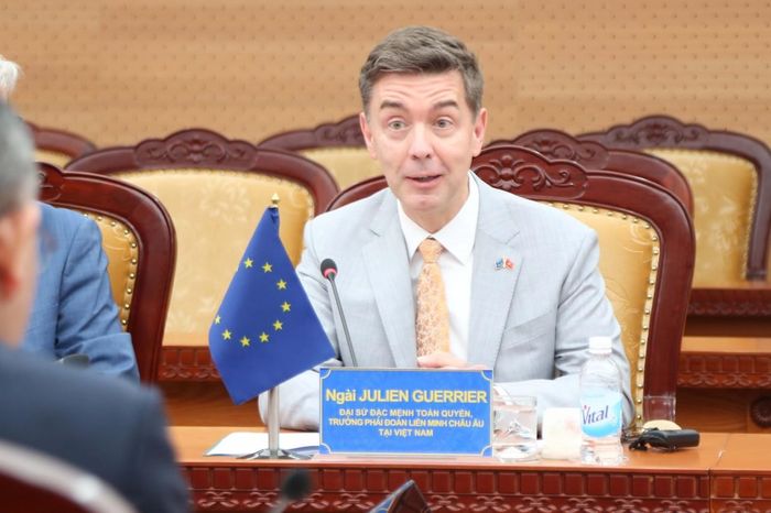 Đại sứ, Trưởng phái đoàn Liên minh Châu Âu (EU) tại Việt Nam - ông Julien Guerrier phát biểu. Ảnh: Đức Minh