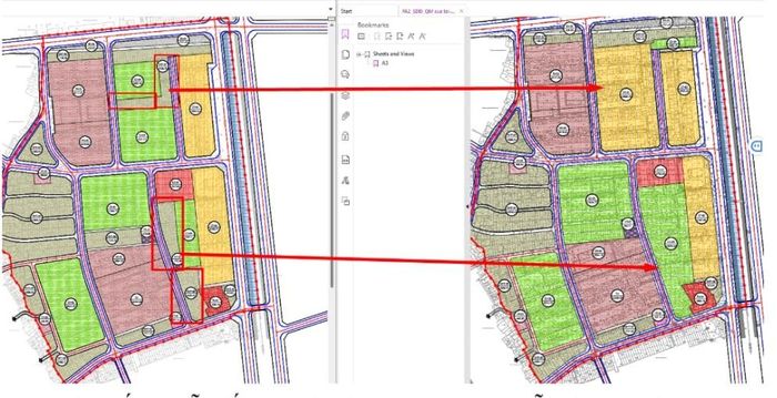 Bản vẽ mô phỏng việc gom và hợp nhất các ô đất nhỏ lẻ (trái) thành các khu đất lớn đồng bộ (phải) sau khi điều chỉnh quy hoạch - Bản vẽ: ThS.KTS. Trần Hữu Dương.