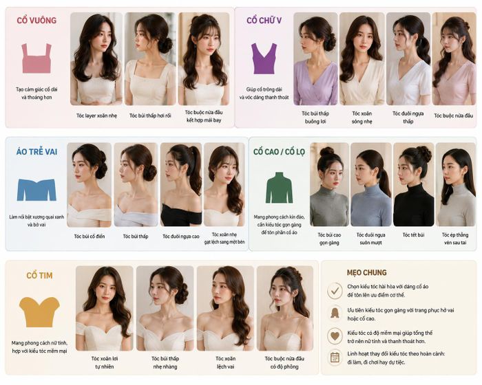 Gợi ý một số kiểu tóc phù hợp từng loại trang phục cho nàng tham khảo.