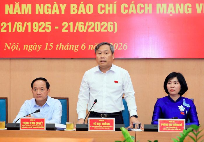 Chủ tịch UBND thành phố Hà Nội Vũ Đại Thắng phát biểu tại buổi gặp mặt. Ảnh: Viết Thành