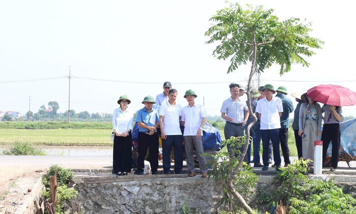 Phó Chi cục trưởng Chi cục Thủy lợi và Phòng, chống thiên tai Hà Nội Đào Quang Khải kiểm tra, chỉ đạo các đơn vị, địa phương xử lý dứt điểm vi phạm công trình thủy lợi trước mùa mưa bão. Ảnh: Kim Nhuệ