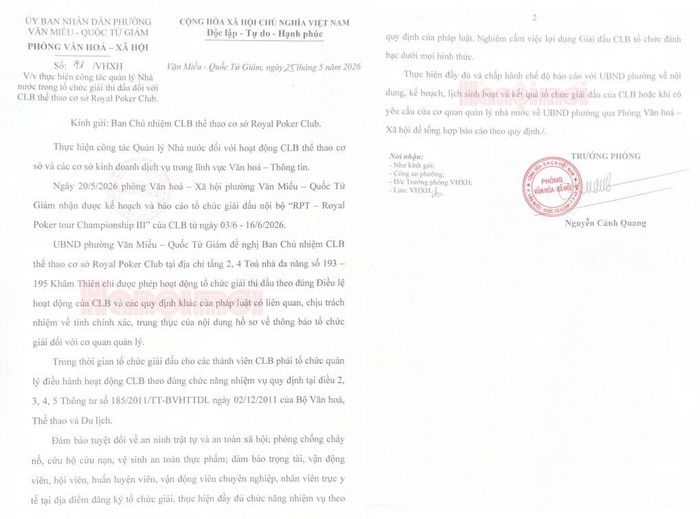 Văn bản số 41/VHXH ngày 25/5/2026 của Phòng Văn hóa - Xã hội phường Văn Miếu - Quốc Tử Giám. Ảnh: PV