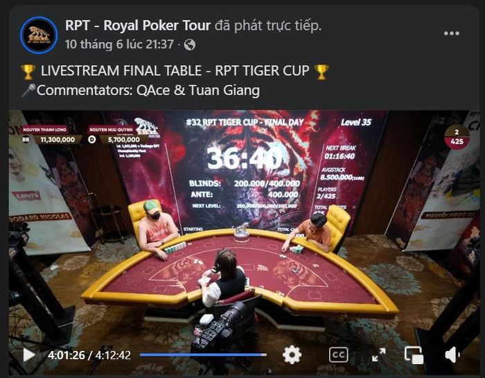 Giải đấu được livestream đến tận sáng sớm ngày hôm sau. Ảnh: Fanpage RPT - Royal Poker Tour