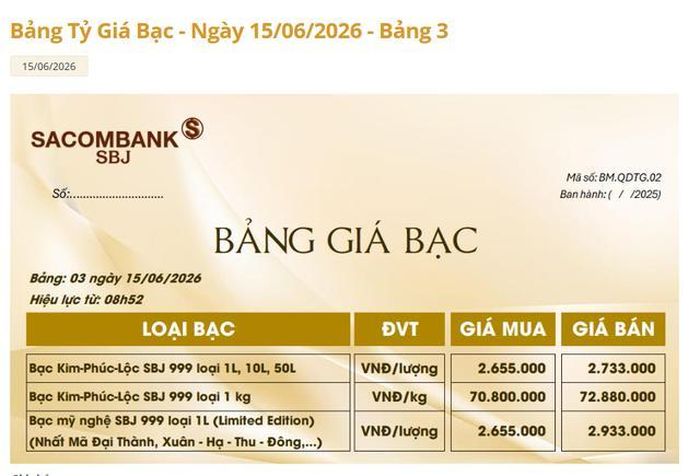 Giá bạc Sacombank-SBJ hôm nay 15/6.