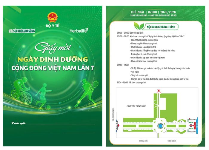 Trân trọng kính mời Quý độc giả, người dân Thủ đô và các gia đình cùng tham dự Ngày Dinh dưỡng cộng đồng Việt Nam lần 7, diễn ra vào ngày 28/6/2026 tại Công viên Thống Nhất, Hà Nội.