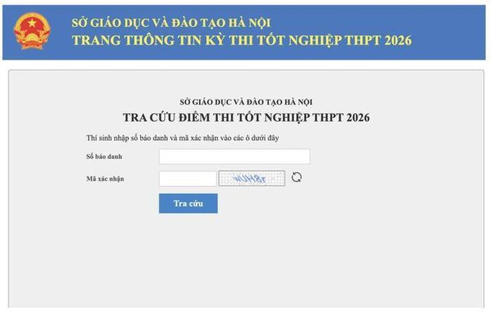 Giao diện tra cứu điểm thi lớp 10 chính thức trên Cổng thông tin điện tử của Sở Giáo dục và Đào tạo Hà Nội.