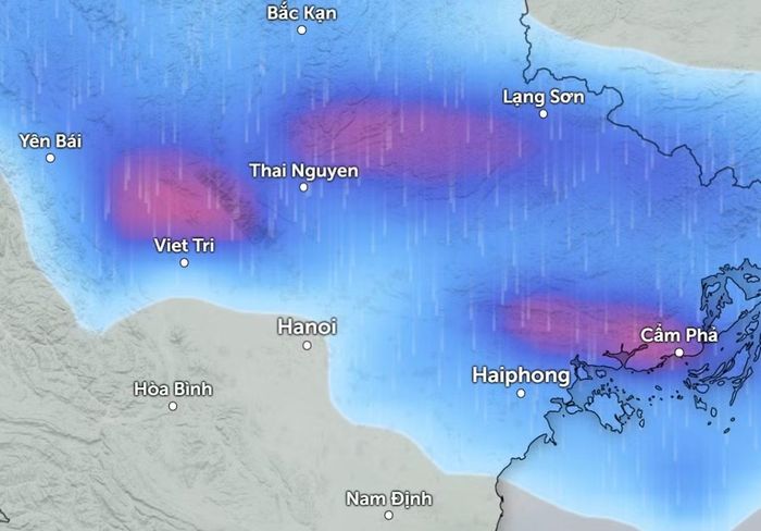 Dự báo mưa ở một số khu vực tại miền Bắc đêm 16/6 sang sáng 17/6: Hà Nội có thể mưa ít. Ảnh: Zoom Earth, OpenStreetMap, ICON.