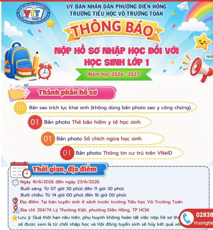 Thông báo nộp hồ sơ nhập học của Trường Tiểu học Võ Trường Toản. Ảnh: CHỤP MÀN HÌNH