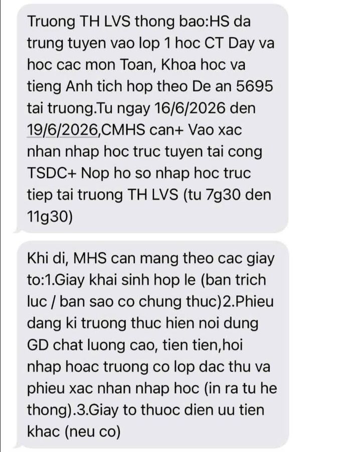 Tin nhắn trúng tuyển vào lớp 1 của Trường Tiểu học Lê Văn Sỹ. Ảnh: CHỤP MÀN HÌNH