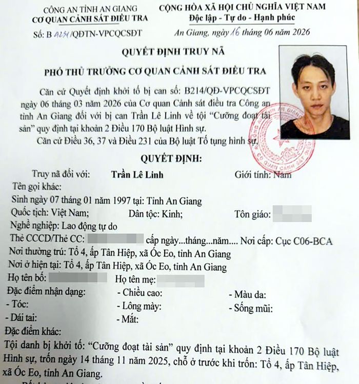 Bị can Trần Lê Linh bị Công an tỉnh An Giang truy nã về tội cưỡng đoạt tài sản.