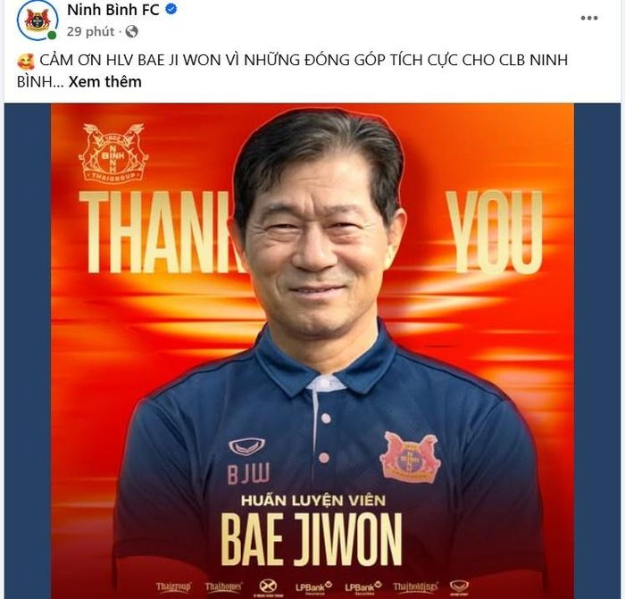 CLB Ninh Bình thông báo chia tay HLV Bae Ji-won. Ảnh: CLB Ninh Bình.