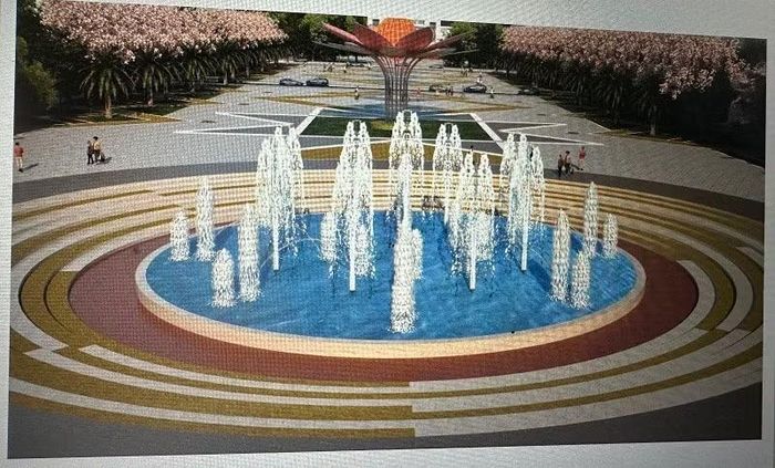 Hệ thống nhạc nước và cây xanh quanh quảng trường 7/5 mở rộng là điểm nhấn trong thiết kế.