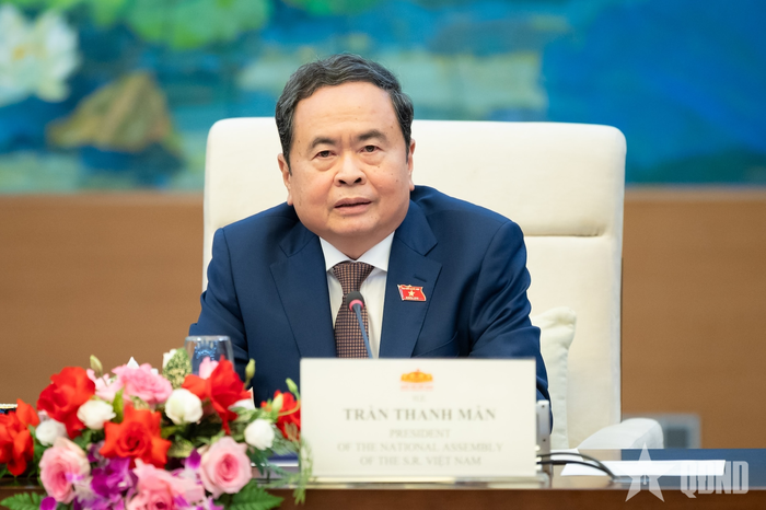  Chủ tịch Quốc hội Trần Thanh Mẫn phát biểu tại cuộc tiếp. Ảnh: PHẠM THẮNG 